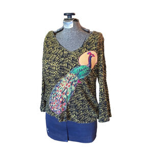 Women's Chaudry Sports Top Size L Yellow Peacock Print Long Sleeve
